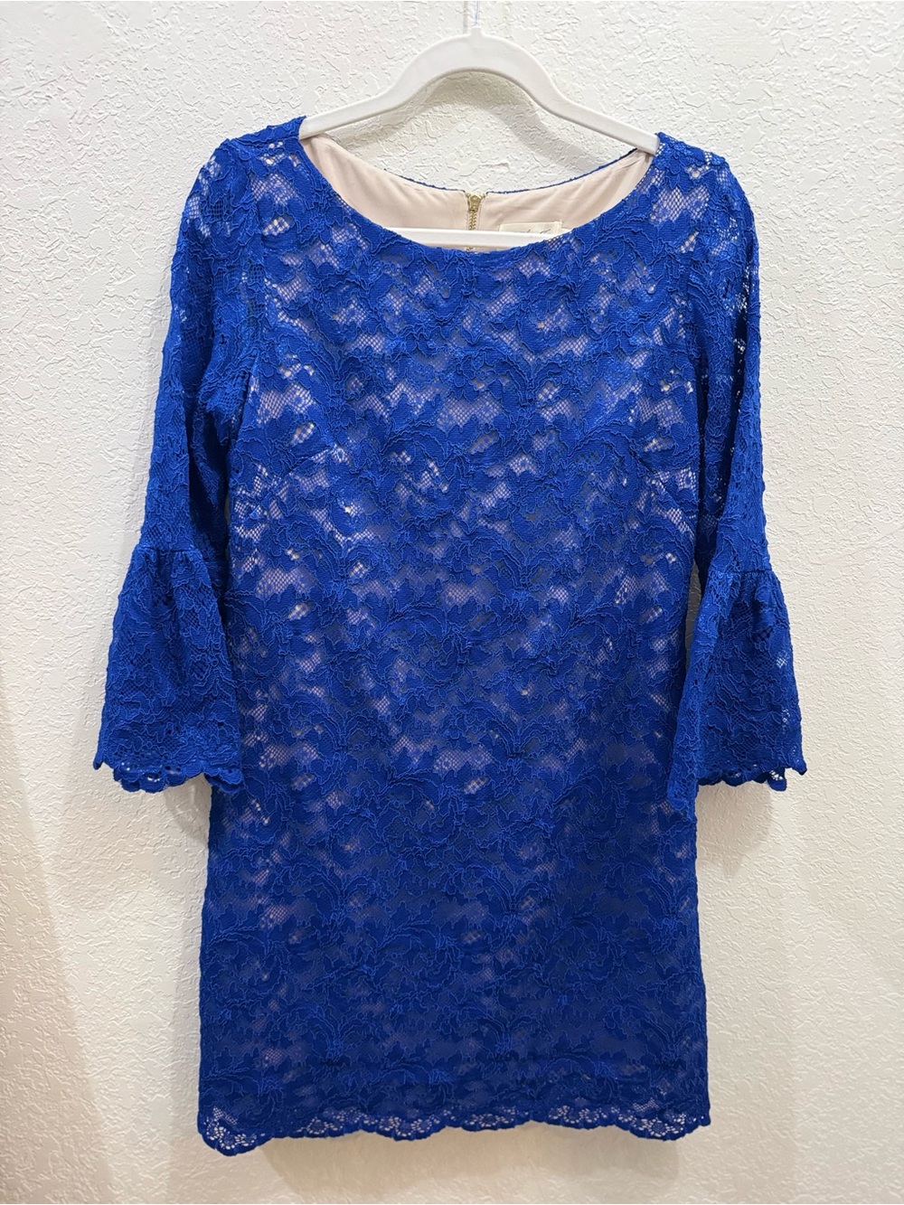 Eliza J Blue Floral Lace Dress Flared Bell Sleeve Sheath Mini Boho Romantic 6